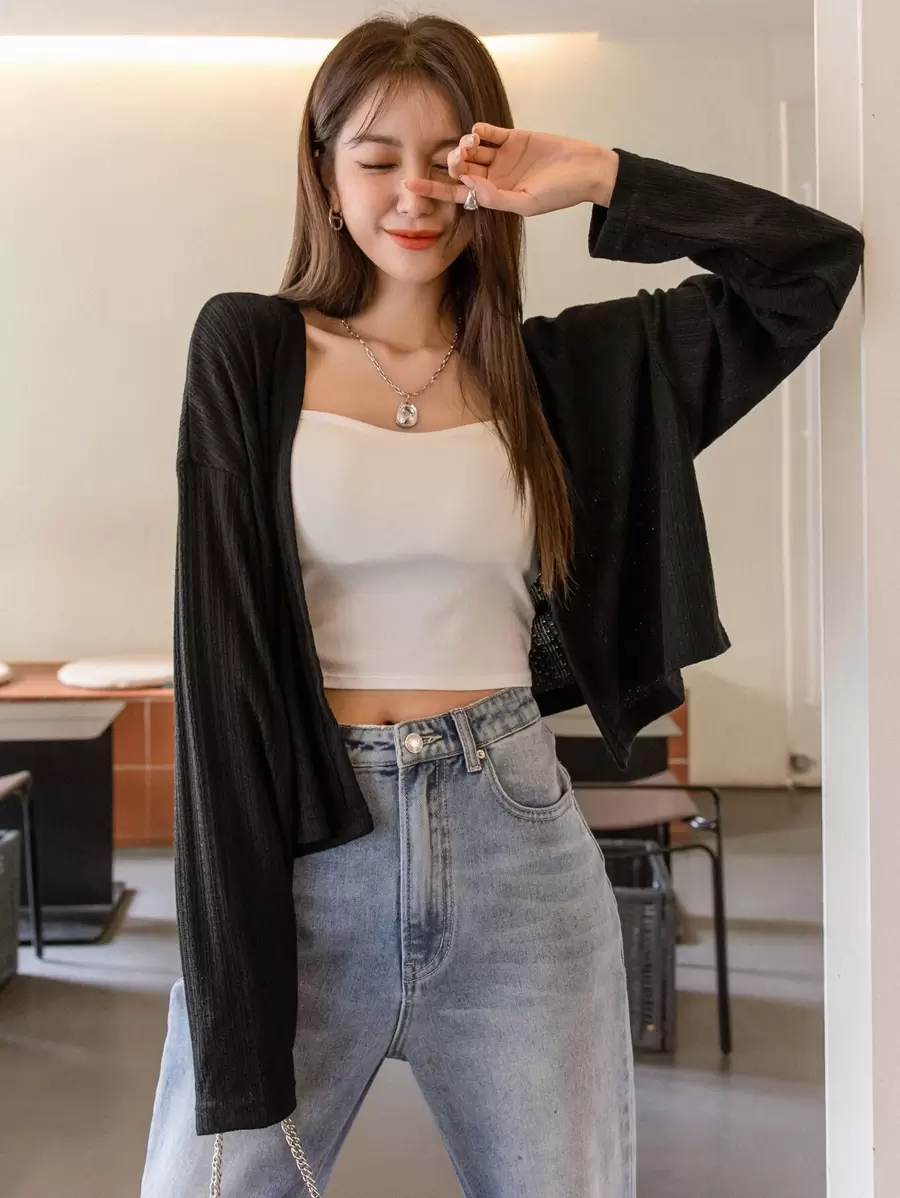 DAZY Áo crop top hở vai trơn không có áo hai dây, quần áo mùa thu tay dài cho nữ - màu đen - Xem 1