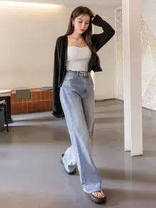 DAZY Áo crop top hở vai trơn không có áo hai dây, quần áo mùa thu tay dài cho nữ - màu đen - Xem 5