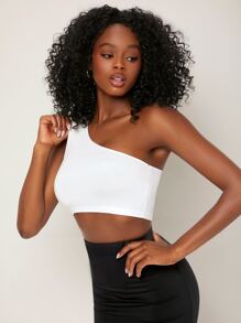 SHEIN BASICS One Shoulder Solid Crop Top - White - View 1