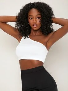 SHEIN BASICS One Shoulder Solid Crop Top - White - View 3