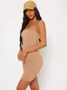 SHEIN BASICS 素色吊帶緊身連衣裙 - 杏色 - 查看 3