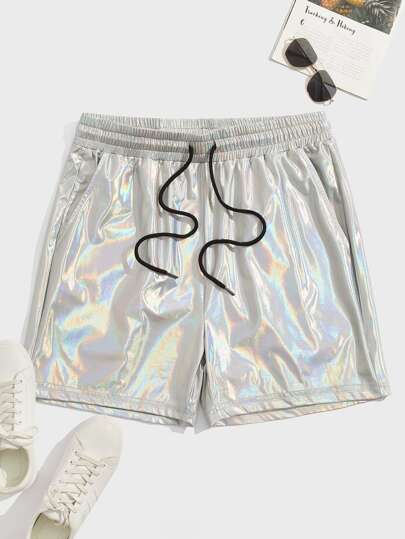 FeverCity Pantalones cortos informales con cordón para hombre en tela holográfica, para fiestas y raves. Regalo para esposo o novio