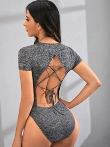 SHEIN Unity Marled Knit Lace Up Backless Bodysuit - Dark Grey - View 1