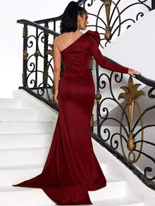 Missord One Shoulder Stereo Flower Draped Side Mermaid Hem Satin Formal Dress - Burgundy - View 3