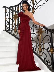 Missord One Shoulder Stereo Flower Draped Side Mermaid Hem Satin Formal Dress - Burgundy - View 5