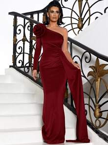 Missord One Shoulder Stereo Flower Draped Side Mermaid Hem Satin Formal Dress - Burgundy - View 6
