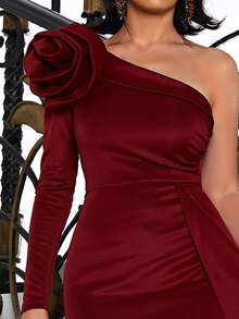 Missord One Shoulder Stereo Flower Draped Side Mermaid Hem Satin Formal Dress - Burgundy - View 7