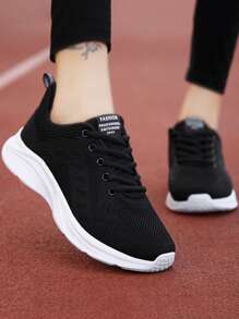 Women Letter Patch Decor Knit Detail Minimalist Lace-Up Front Breathable Running Sneakers Build For Tennis