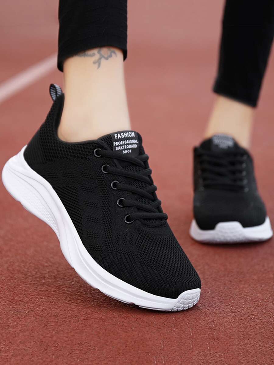 Women Letter Patch Decor Knit Detail Minimalist Lace-Up Front Breathable Running Sneakers Build For Tennis,Trainers Women,Back To School - Black - View 1