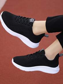Women Letter Patch Decor Knit Detail Minimalist Lace-Up Front Breathable Running Sneakers Build For Tennis