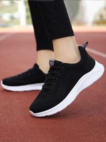 Women Letter Patch Decor Knit Detail Minimalist Lace-Up Front Breathable Running Sneakers Build For Tennis