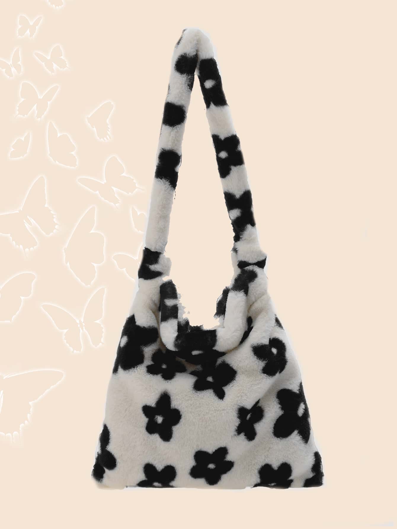 fluffy black and white flower bag
