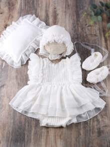 SHEIN Newborn Photography Ruffle Solid Bodysuit & Hat & Shoes & Headband & Pillow - White - View 2