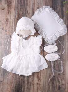 SHEIN Newborn Photography Ruffle Solid Bodysuit & Hat & Shoes & Headband & Pillow - White - View 3