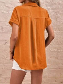 SHEIN LUNE 補丁貼口袋蝙蝠袖襯衫 - 橘色 - 查看 2