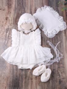 SHEIN Newborn Photography Ruffle Solid Bodysuit & Hat & Shoes & Headband & Pillow - White - View 4