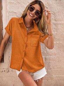 SHEIN LUNE 補丁貼口袋蝙蝠袖襯衫 - 橘色 - 查看 3