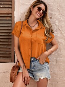 SHEIN LUNE 補丁貼口袋蝙蝠袖襯衫 - 橘色 - 查看 5