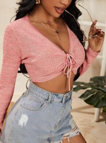 SHEIN SXY 前抽繩系帶短款毛衣 - 淺粉色 - 查看 1