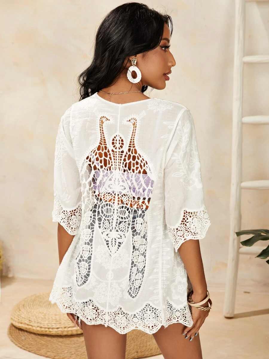 SHEIN Peacock Pattern Guipure Lace Insert Scallop Trim Kimono - White - View 1