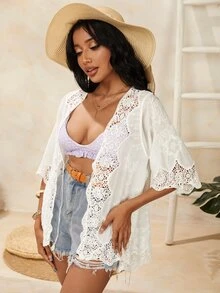 SHEIN Peacock Pattern Guipure Lace Insert Scallop Trim Kimono - White - View 2