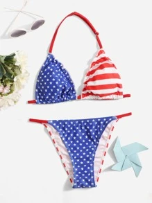 Tween Girl In Cờ Mỹ Dây Tam Giác Thông Bikini Set Đi Biển Mùa Hè - Nhiều màu - Xem 3