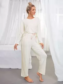 SHEIN Polka Dot Drop Shoulder Bow Front PJ Set / Pajama Set White Set, Fall Winter Clothes Cozy And Elegant Details - White - View 4