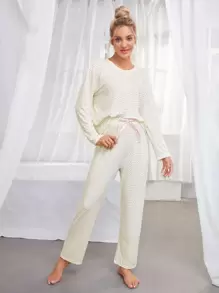 SHEIN Polka Dot Drop Shoulder Bow Front PJ Set / Pajama Set White Set, Fall Winter Clothes Cozy And Elegant Details - White - View 5