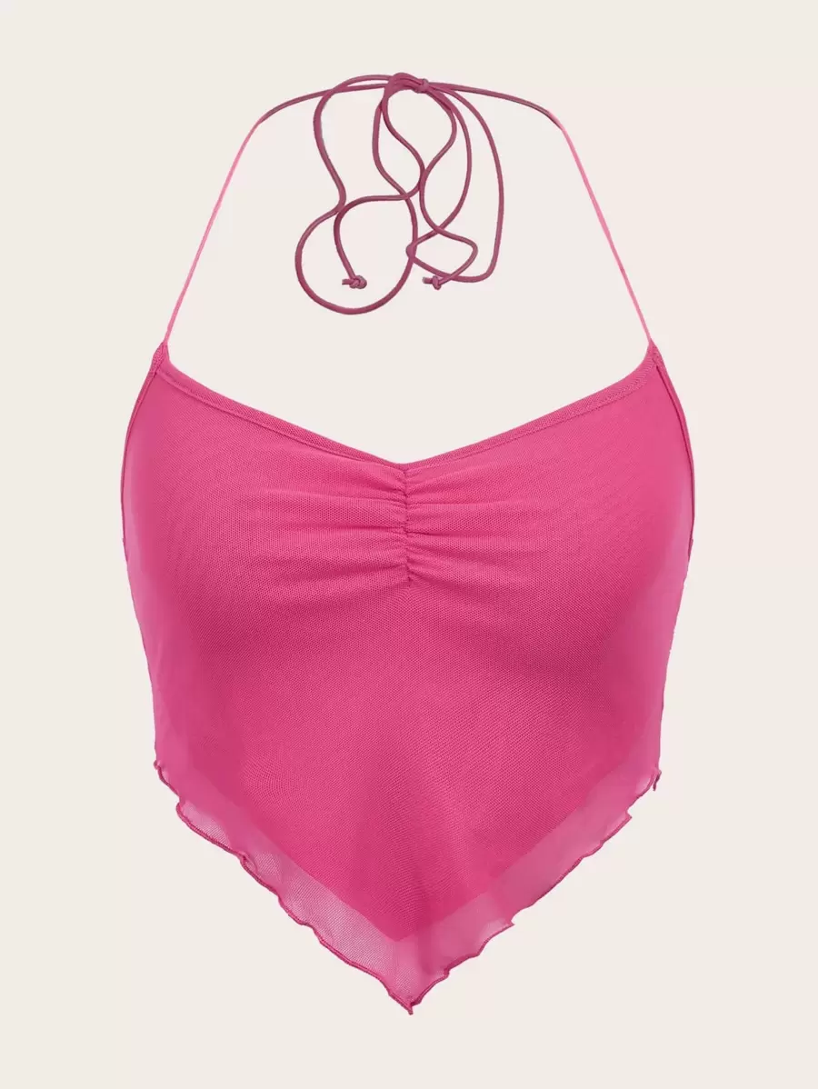 SHEIN ICON 褶邊後背繫帶手帕下擺網紗掛脖上衣