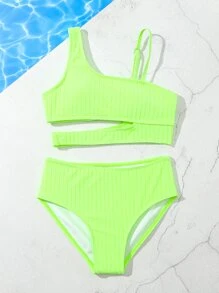 Tween Girl Asymmetrical Cut-Out Bikini Set Summer Beach - Lime Green - View 5