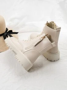 Nouvelles bottes à semelle épaisse pour femmes, printemps/automne 2024. Bottes de cheville blanches à fermeture éclair latérale et bout rond, style britannique, bottes de moto pour la Saint-Valentin