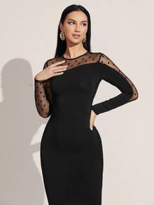 Modelyn Contrast Polka Dot Mesh Slit Back Bodycon Dress - Black - View 5