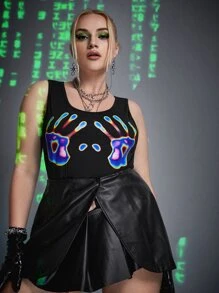 Plus Figure Graphic Scoop Neck Tank Top - Black - View 1