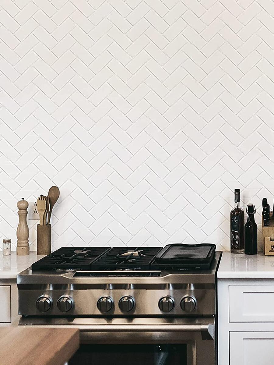 Thickened Waterproof 3D Solid Color Tile Pattern Kitchen Wallpaper - White - View 1