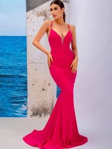 LOVE&LEMONADE 拉鍊露背魚尾裙下擺正式連衣裙