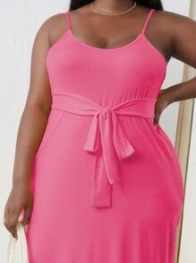 Plus Solid Belted Cami Dress - Pink - View 5