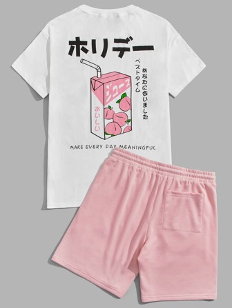 Guys Beverage & Japanese Letter Graphic Tee & Drawstring Waist Shorts