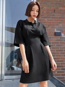 DAZY Cổ Polo Uốn nếp Thả vai Đầm - màu đen - Xem 1