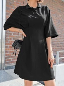 DAZY Cổ Polo Uốn nếp Thả vai Đầm - màu đen - Xem 7