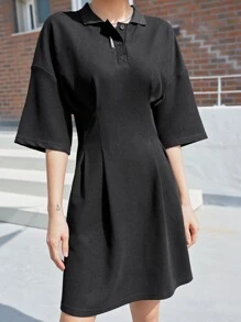 DAZY Cổ Polo Uốn nếp Thả vai Đầm - màu đen - Xem 10