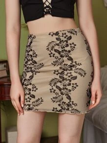 ROMWE Floral Print Skirt - Khaki - View 4
