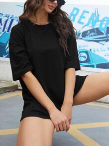 INAWLY Solid Drop Shoulder Oversized Tee - Black - View 5