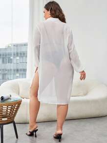 Plus Chiffon Lantern Sleeve Curved Hem Kimono - White - View 5