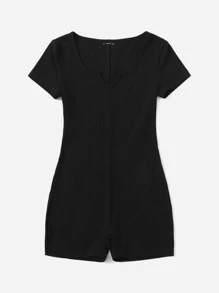 SHEIN Essnce Jumpsuit Ukuran Plus Rib-Knit Plain Casual - Hitam - View 3