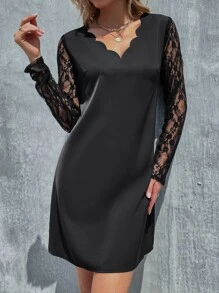 Contrast Embroidery Mesh Sleeve Scallop Trim Dress - Black - View 1