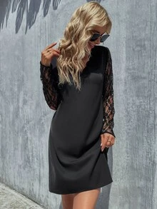 Contrast Embroidery Mesh Sleeve Scallop Trim Dress - Black - View 6