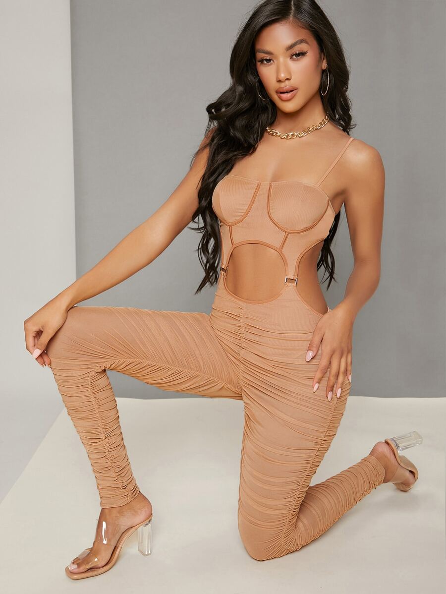 Open Back Cutout Sheer Mesh Unitard Jumpsuit - Dusty Pink - View 1