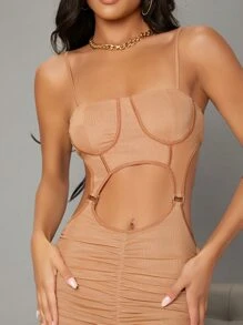 Open Back Cutout Sheer Mesh Unitard Jumpsuit - Dusty Pink - View 4