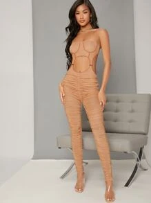 Open Back Cutout Sheer Mesh Unitard Jumpsuit - Dusty Pink - View 5