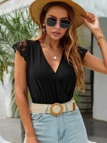 SHEIN Unity Contrast Lace Tie Back Bodysuit - Black - View 7